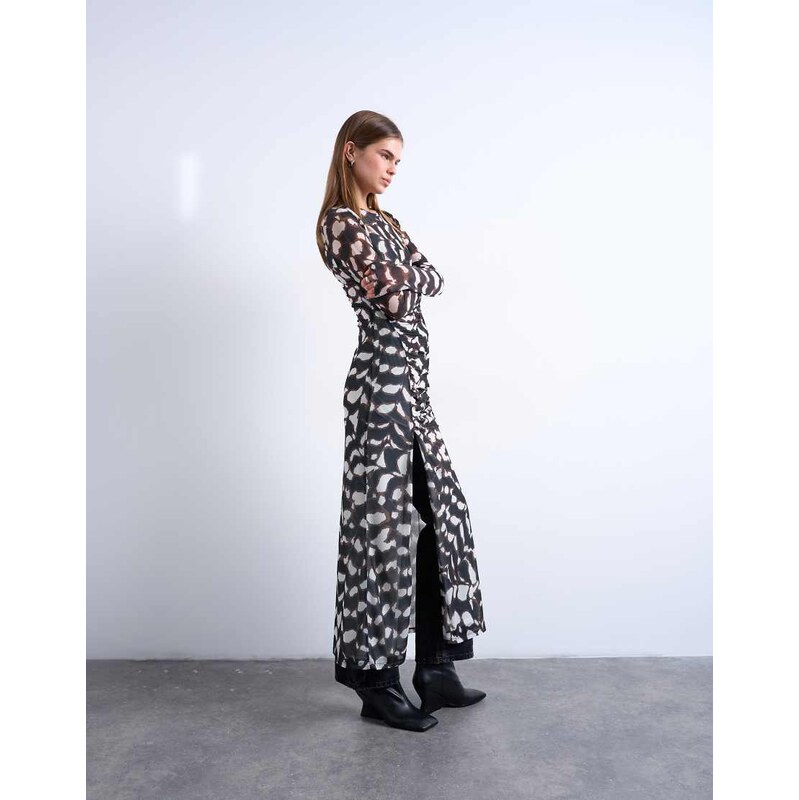 Topshop mesh maxi animal print long sleeve dress in multi