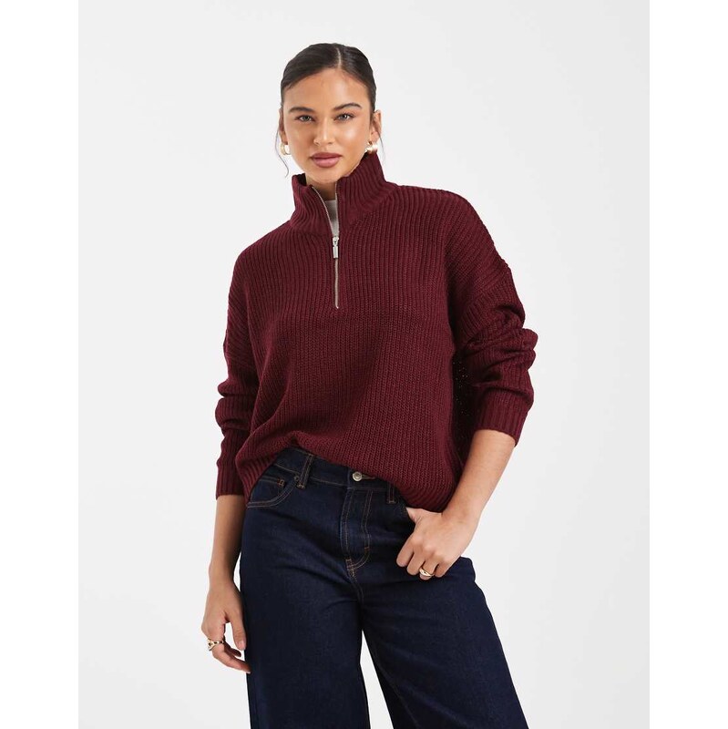 Brave Soul chunky knit quarter zip jumper in burgundy-Brown