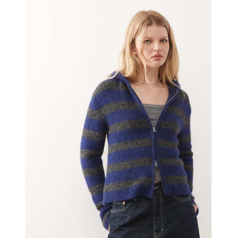 Weekday slim fit knitted hoodie in blue and grey stripe