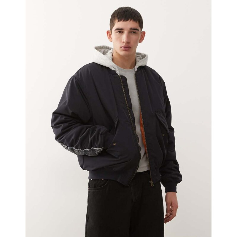 Weekday bomber jacket with jersey hood and contrast camo graphic