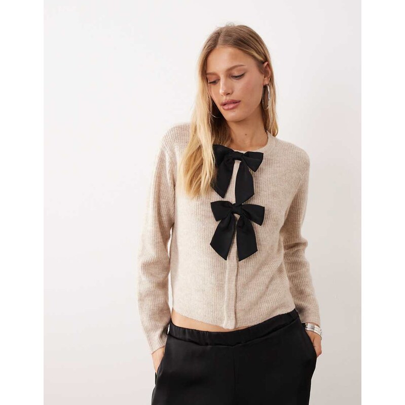 JDY bow details knitted cardigan in cream-White 111168130