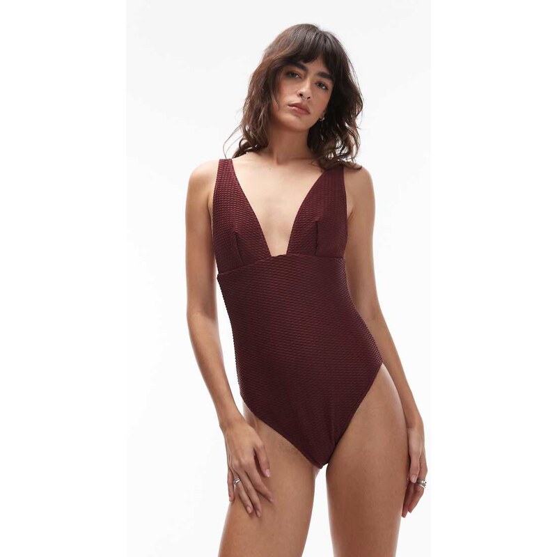 & Other Stories textured halterneck swimsuit in burgundy