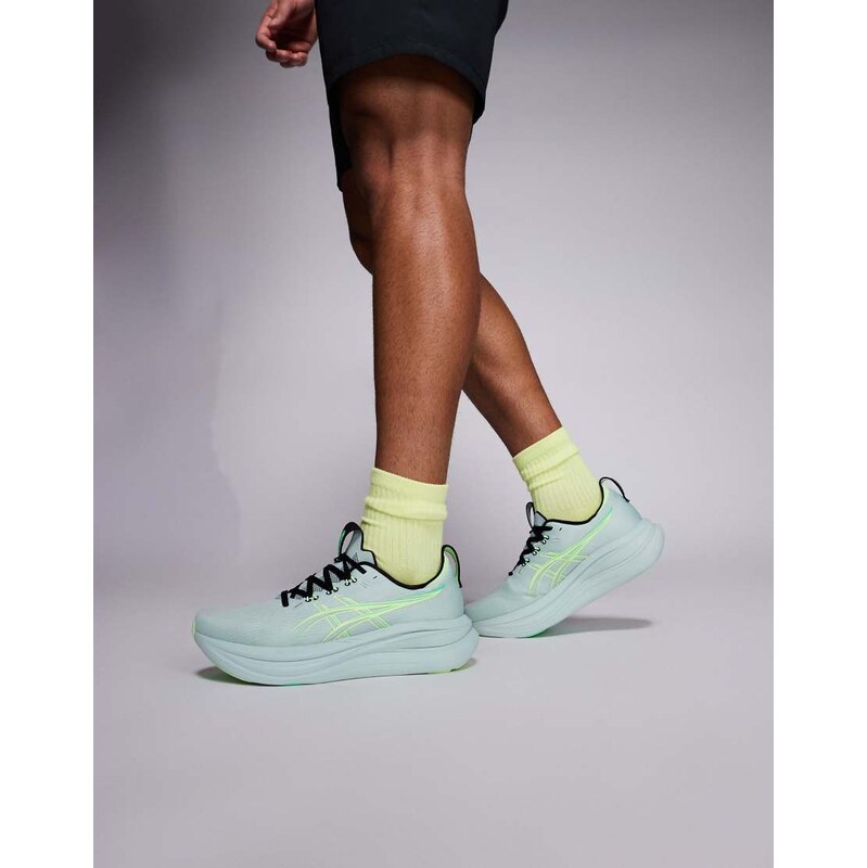 Asics Gel-Nimbus 28 trainers in grey and green