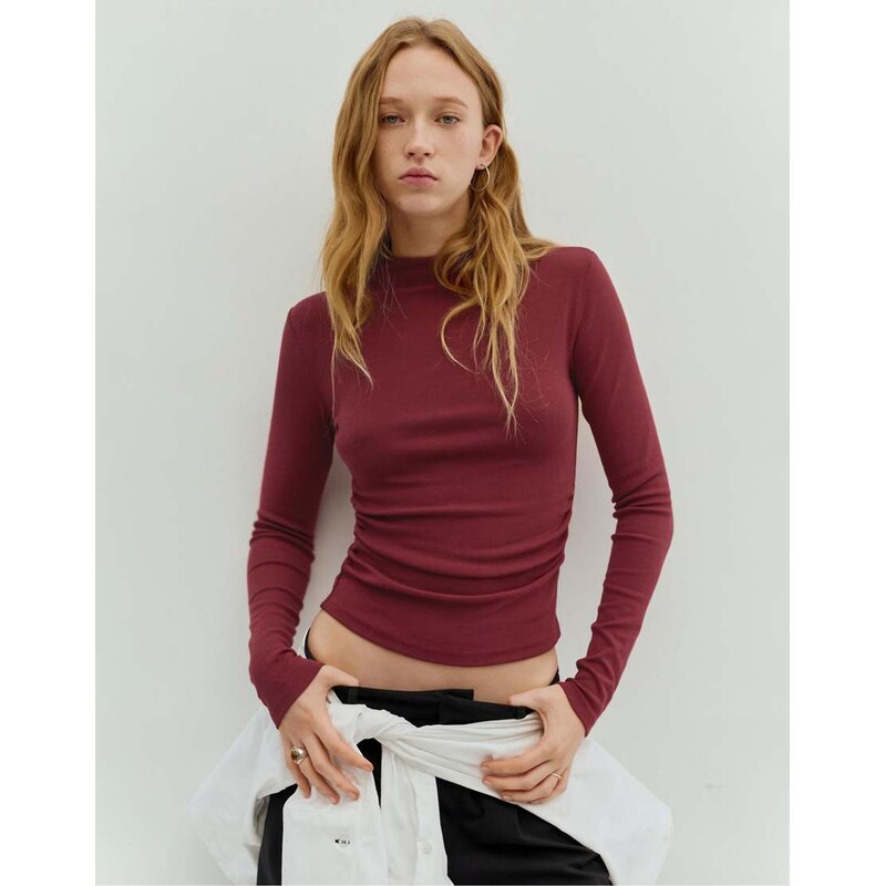 Pull&Bear High neck top in burgundy-Red 111168263