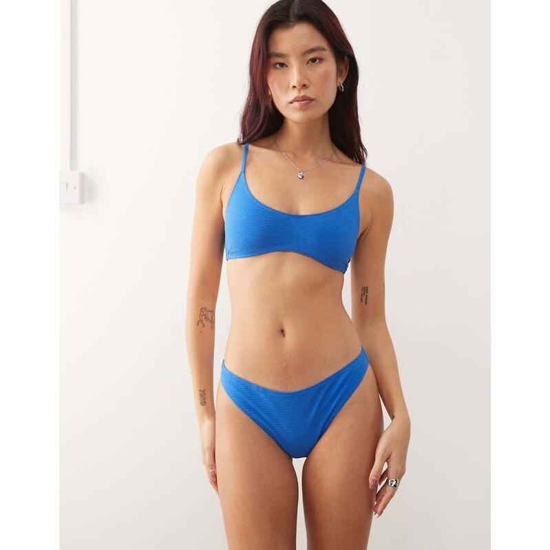 Weekday crinkle scoop neck bikini top in blue exclusive to ASOS-Black 114584467