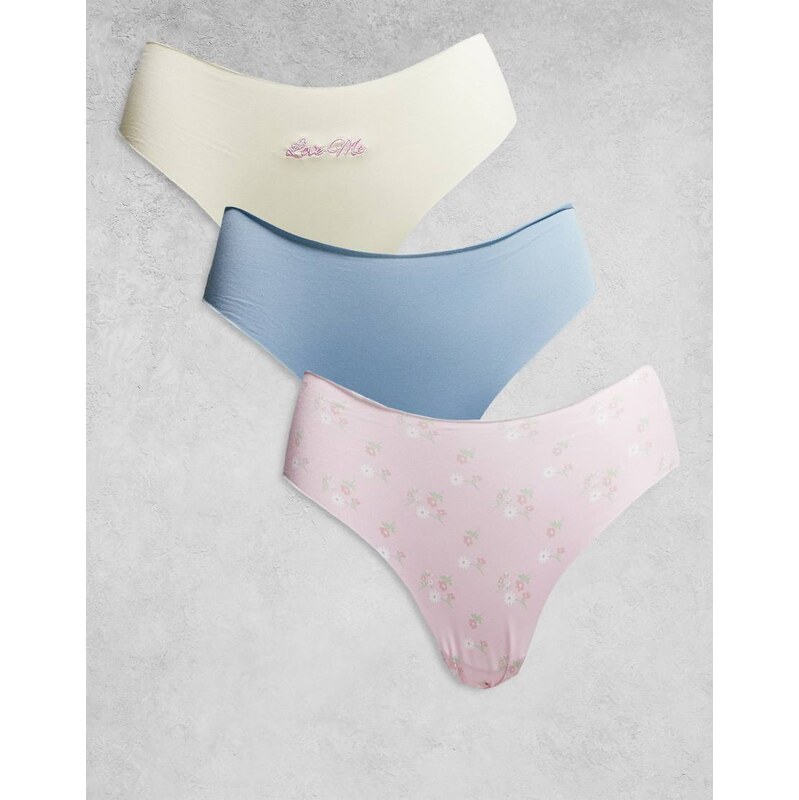 ASOS DESIGN 3 pack love me no vpl & lace brazilian in lemon, dusty 111170865