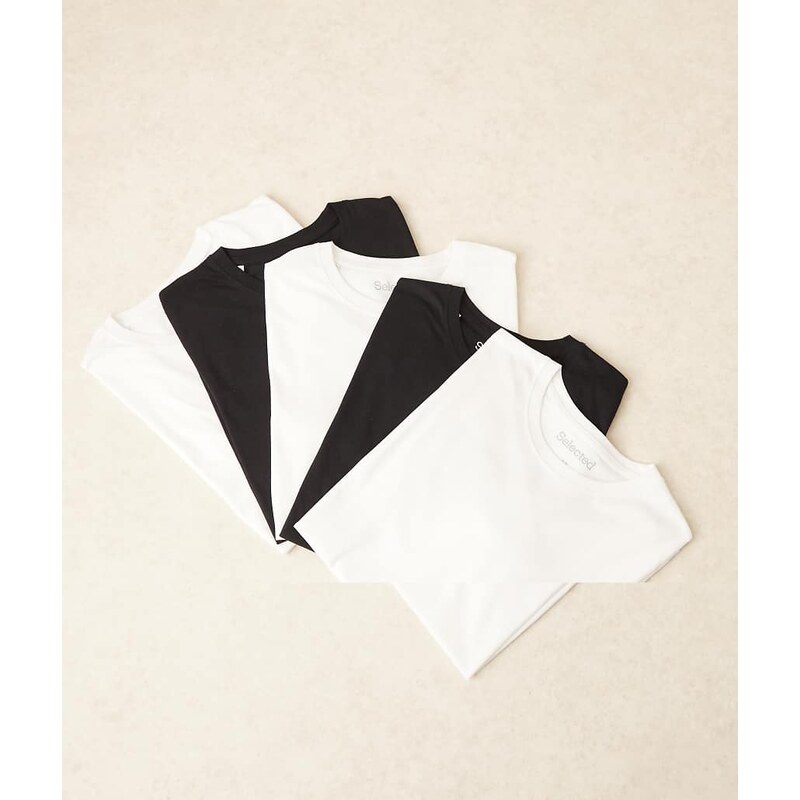 Selected regular fit 5 pack t-shirts in black & white-Multi