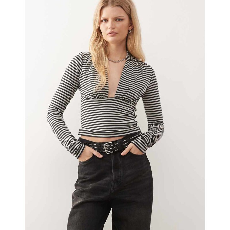 Weekday Aline deep halter neck top in grey stripe exclusive to ASOS 111170956