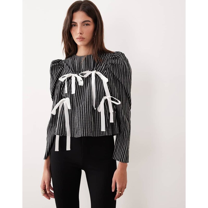 Ghospell cotton rich ruched bow detail top in black check 111170979