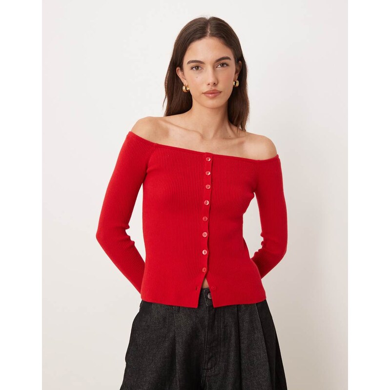 Abercrombie & Fitch button through off shoulder top in red 111170991