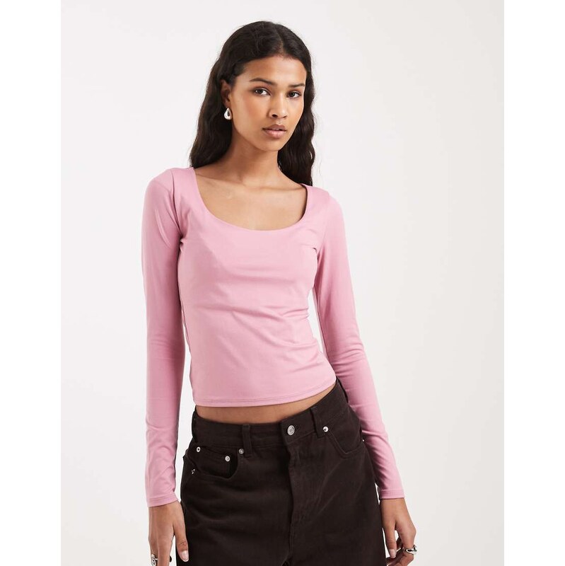 Hollister long sleeve seamless scoop neck top in pink-White