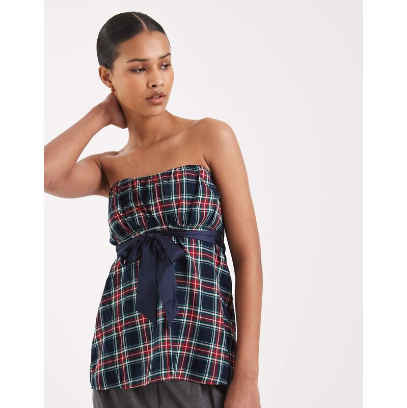 Hollister y2k strapless babydoll top in navy tartan