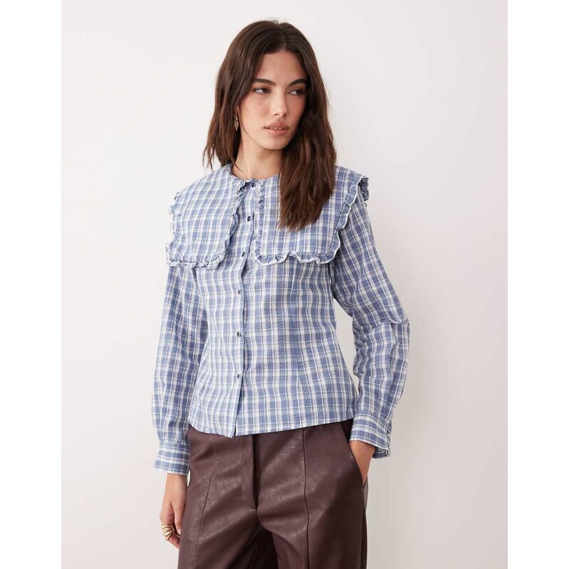 Ghospell cotton rich oversized collar blouse in blue check 111171051