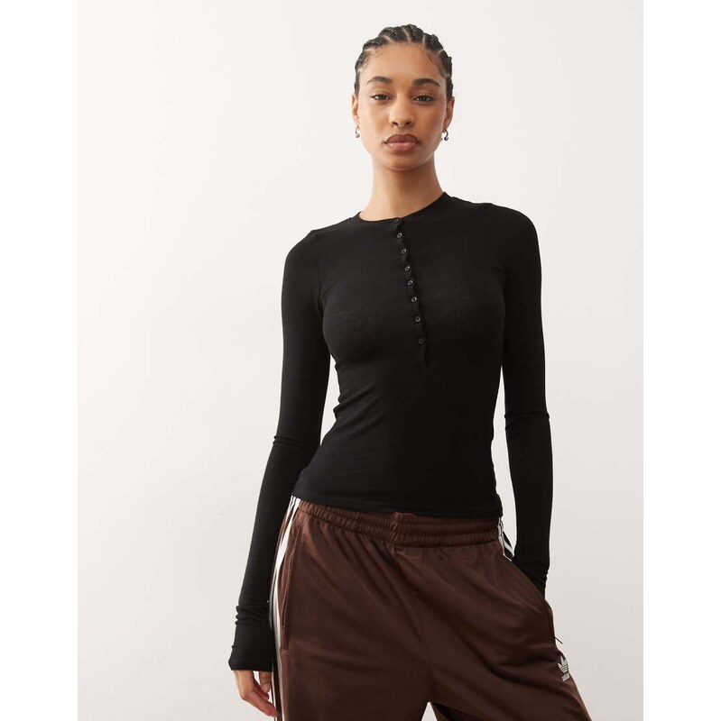 Weekday long sleeve henley t-shirt in black