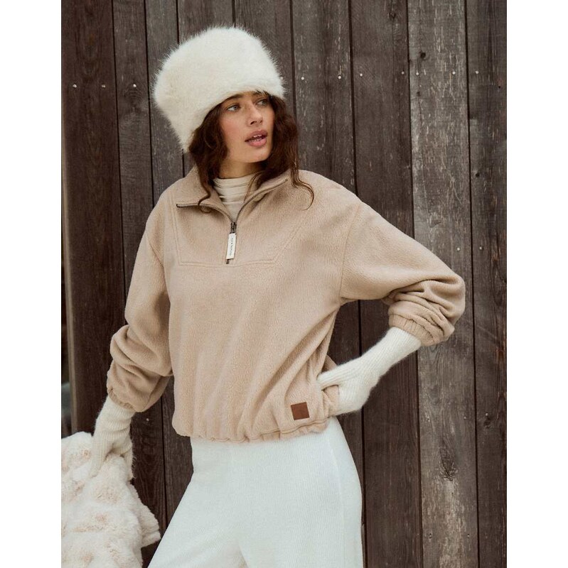 4th & Reckless quarter zip elasticated waist fleece in beige-Neutral 111171056
