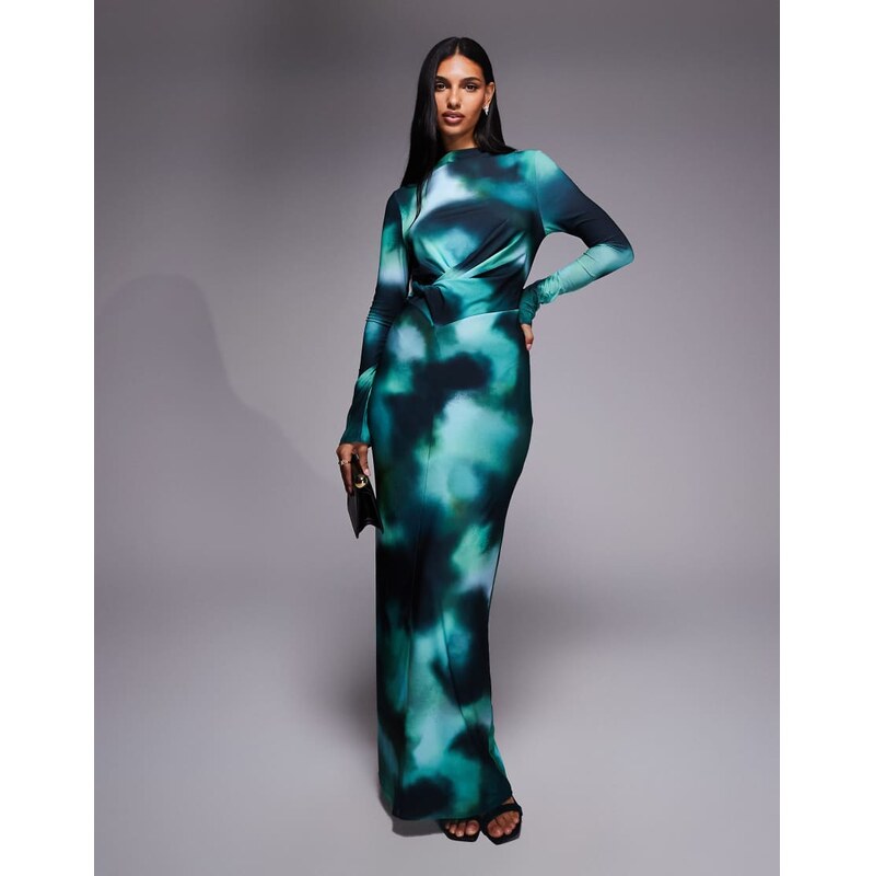 Daska drape maxi dress with twist detail in teal abstract print-Multi 111171066