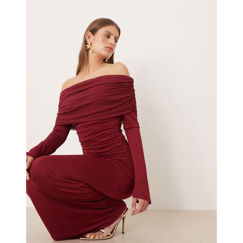 SNDYS mesh asymmetric shoulder overlay maxi dress in wine-Red 115740629