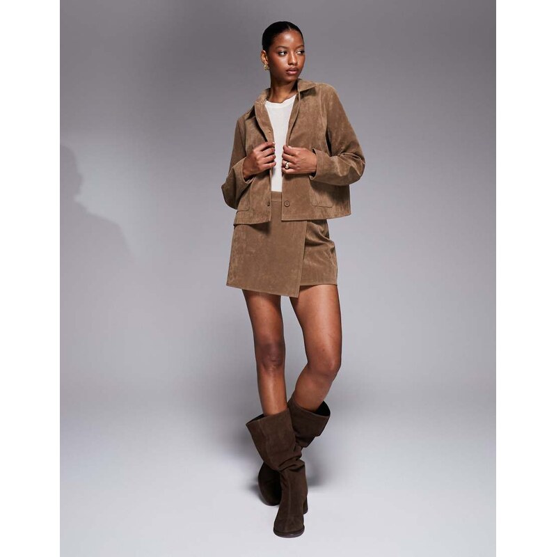 Kaiia exclusive faux suede wrap detail mini skirt co-ord in tan