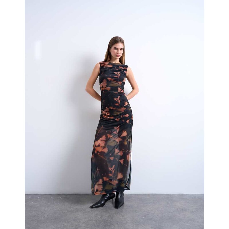 Topshop mesh floral print ruched maxi dress in black