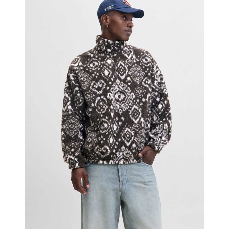 Jack & Jones quarter zip geometric pattern fleece in brown-Grey