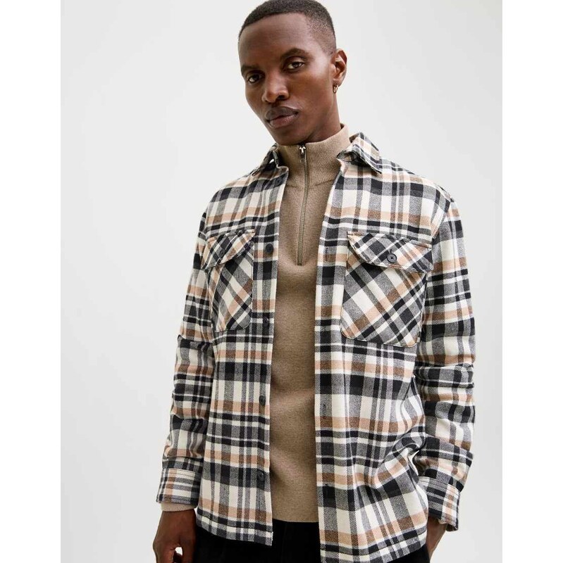 Jack & Jones double pocket overshirt in cream check-White