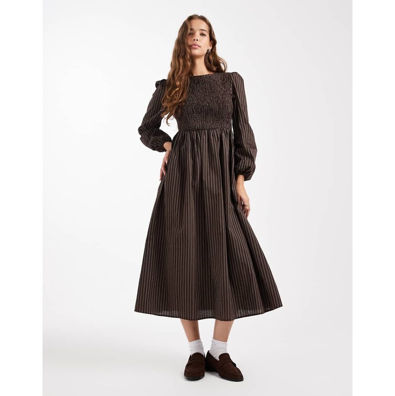 Daisy Street volume sleeve midaxi dress in brown stripe-Multi