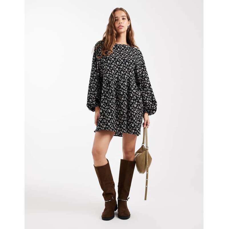 Daisy Street long sleeve smock mini dress in black ditsy floral