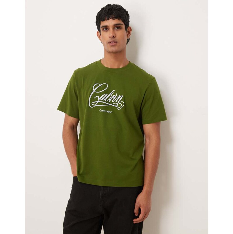 Calvin Klein Jeans script chest graphic t-shirt in olive green
