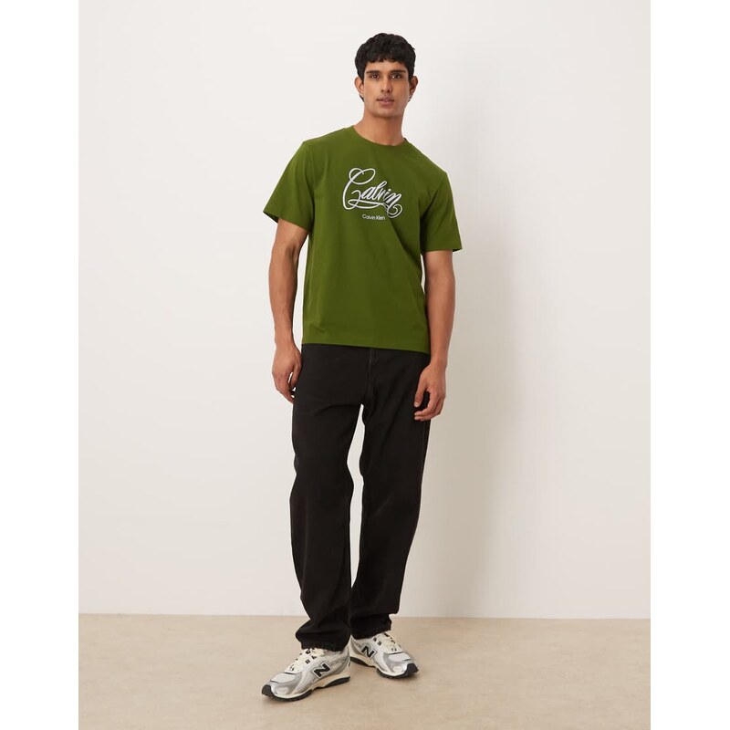 Calvin Klein Jeans script chest graphic t-shirt in olive green
