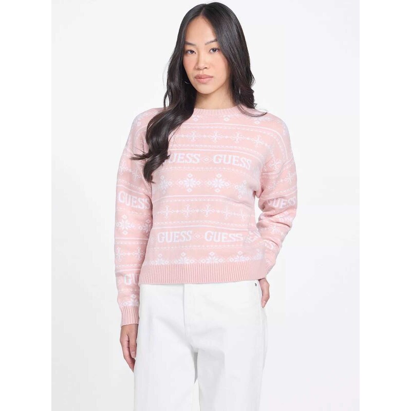GUESS dámský svetr Claus Logo Sweater růžový XS