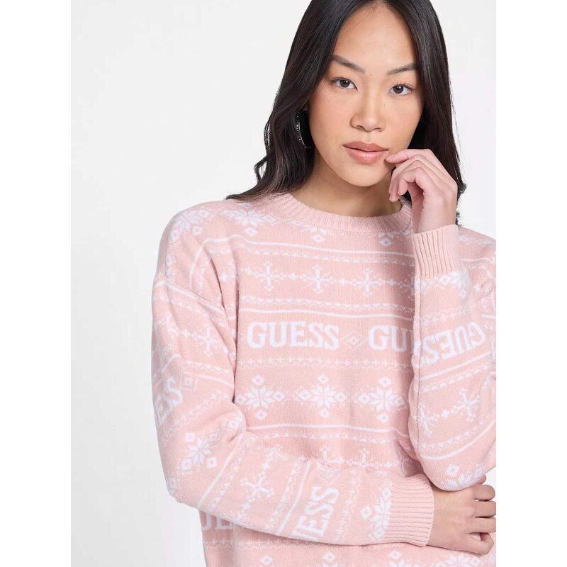 GUESS dámský svetr Claus Logo Sweater růžový XS