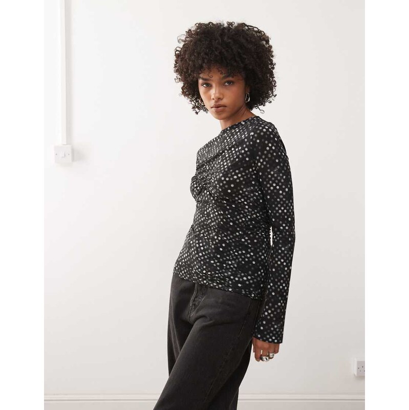 Weekday sheer mesh gathered polka dot top in black 111179873
