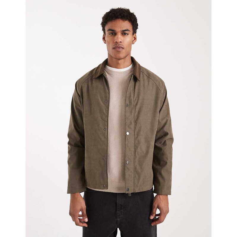 Brave Soul barn jacket with cord contrast collar in khaki-Green 111179878