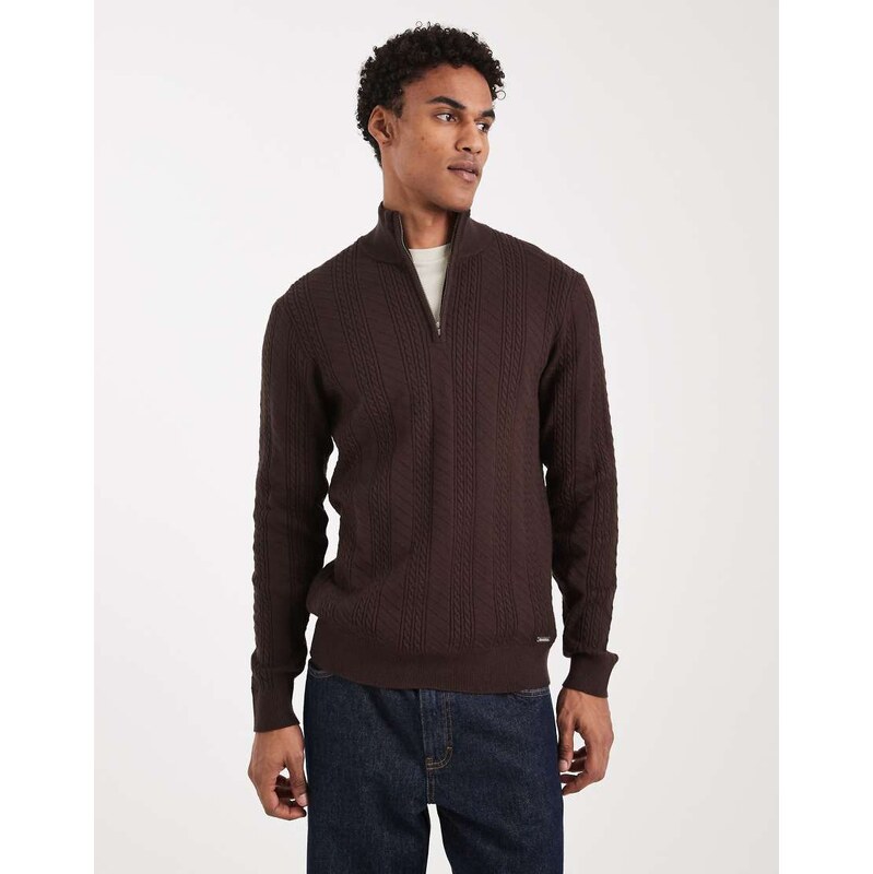 Threadbare cable knit quarter zip jumper in chocolate brown