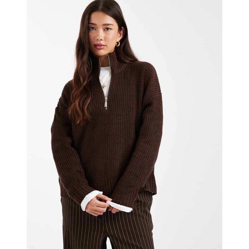 Brave Soul chunky knit quarter zip jumper in brown-Grey