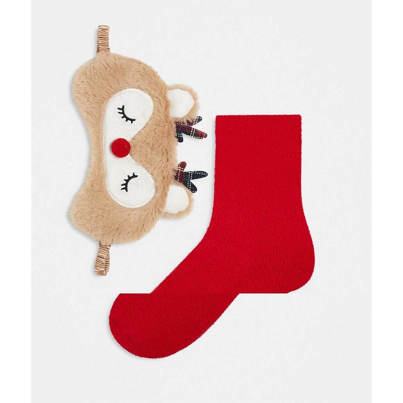 Brave Soul novelty fluffy reindeer bed socks and eye mask in red
