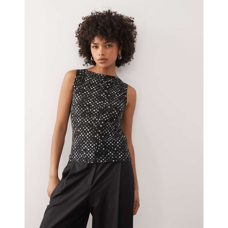 Weekday Annie boatneck mesh top in black polka dot