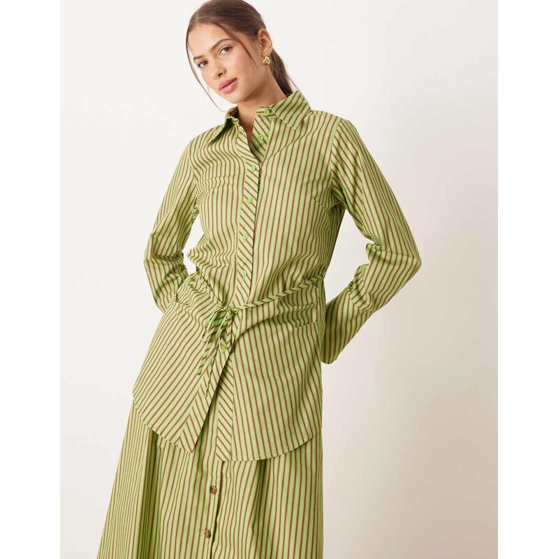 Glamorous sinched waist shirt in green red stripe-Multi