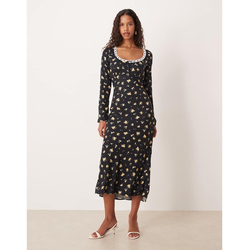 Nobodys Child Naples lace trim long sleeved maxi dress in black