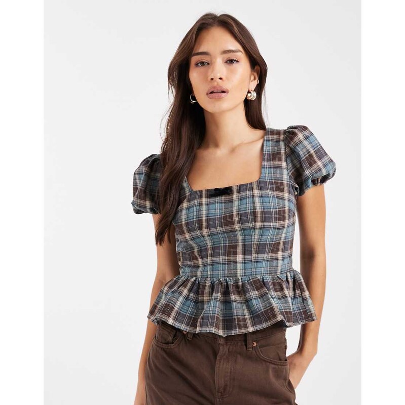 Daisy Street ruffle peplum waist puff sleeve blouse in blue