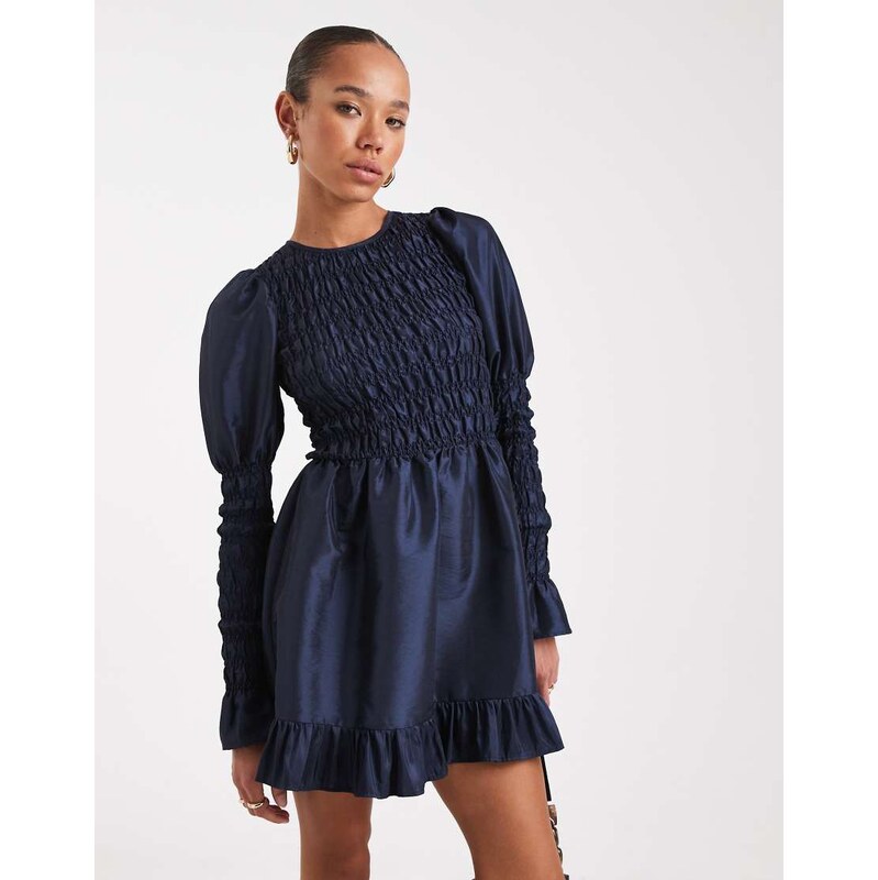 Daisy Street shirred volume sleeve mini dress in navy taffeta