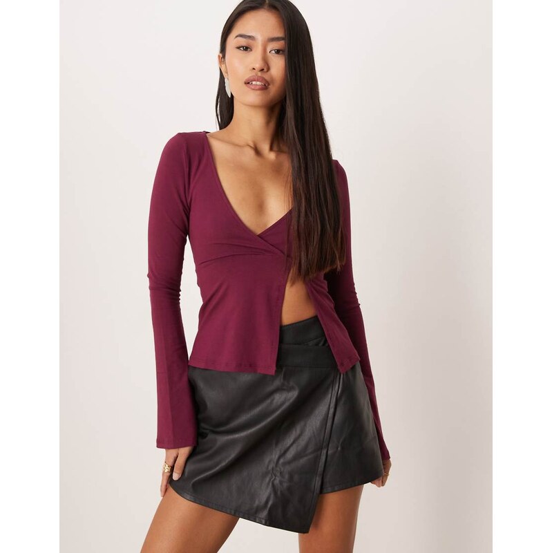 Motel Lamae wrap detail long sleeve top in bitter deep purple
