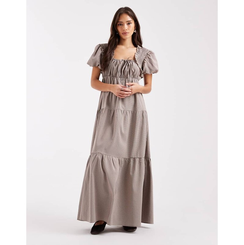 Daisy Street boho ruffle puff sleeve tiered maxi dress in beige