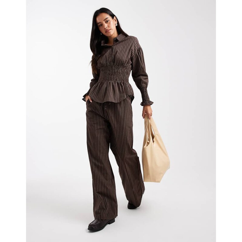 Daisy Street pull on drawstring trouser in brown stripe co-ord
