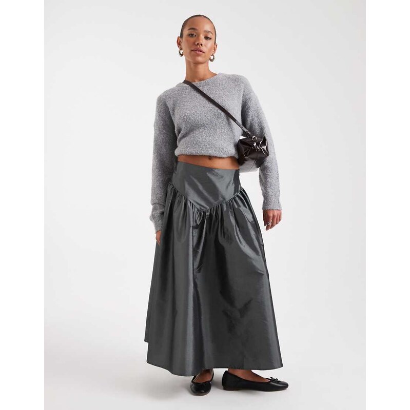 Daisy Street drop waist taffeta skirt in gunmetal grey