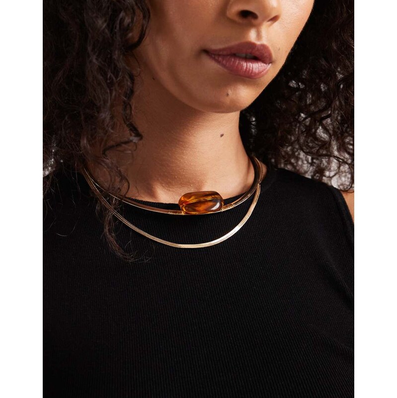 ASOS DESIGN double row necklace with resin stone in gold tone 111190427