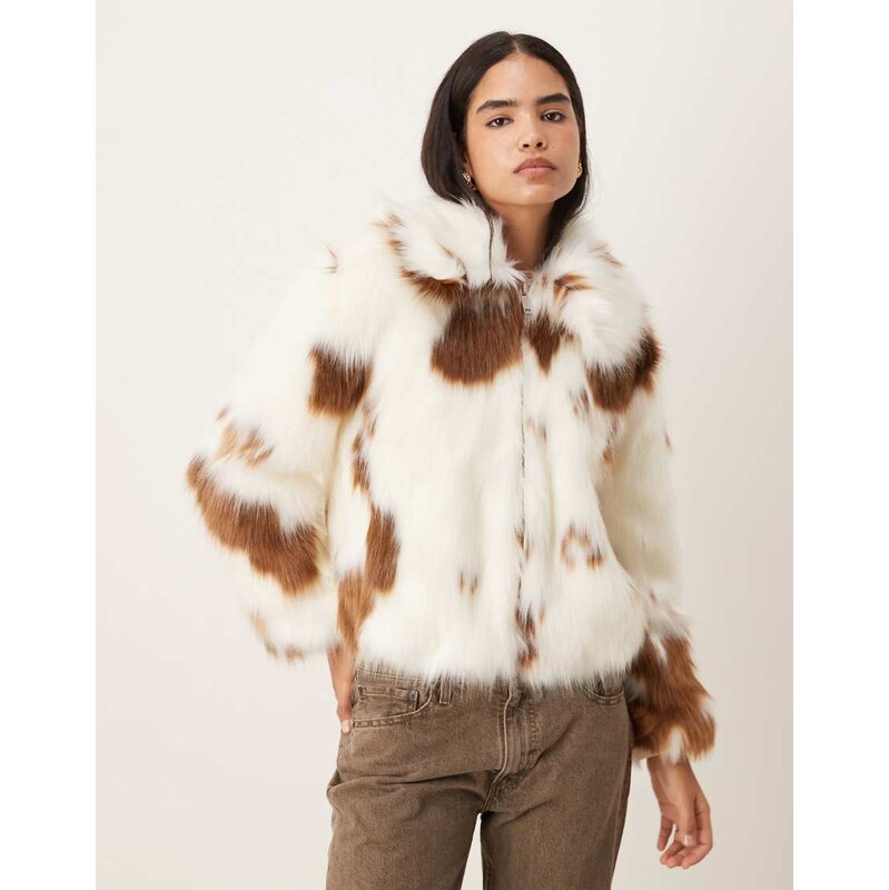 Abercrombie & Fitch faux fur short jacket in cow print-Multi 111190608