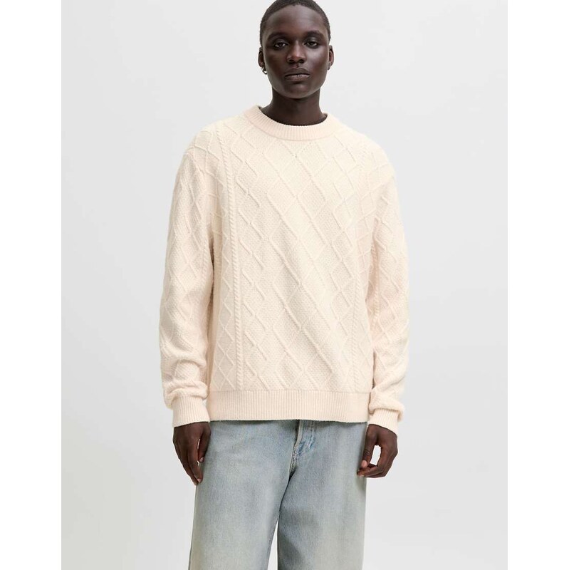 Jack & Jones cable knit jumper in cream-White