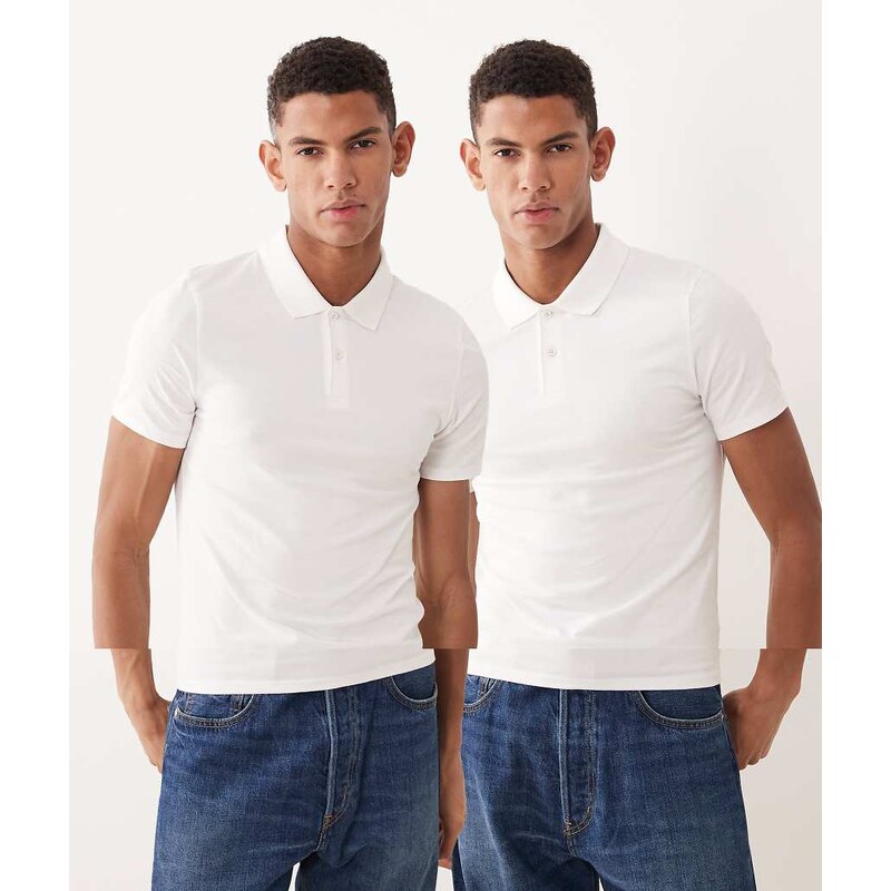 ASOS DESIGN Essentials 2 pack muscle fit polos in white