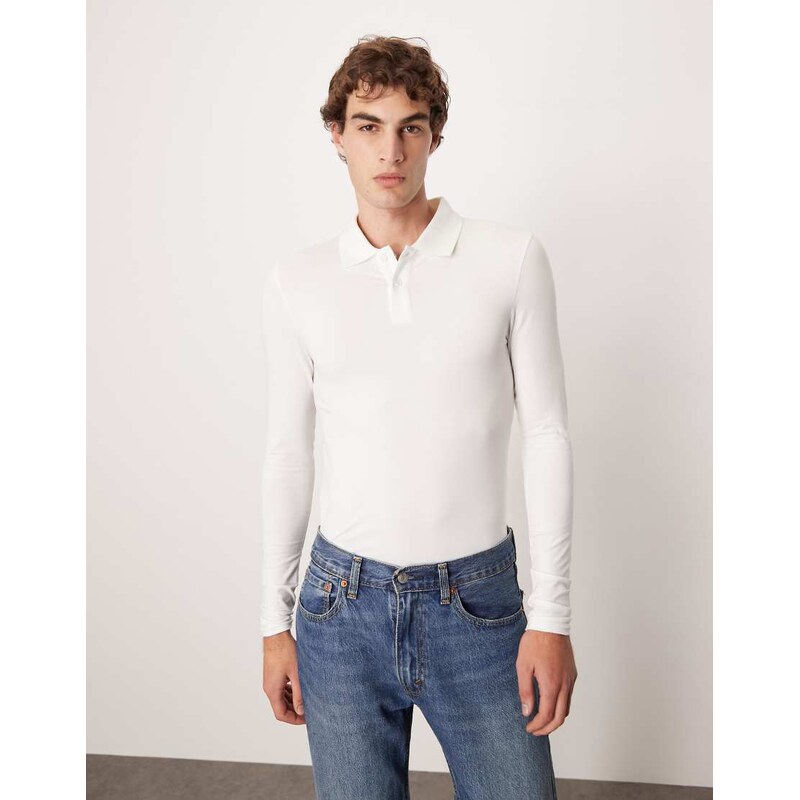 ASOS DESIGN Essentials muscle fit long sleeve polo in white